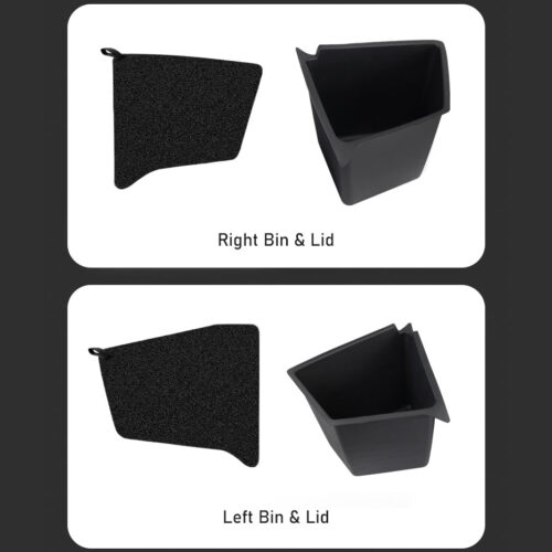 Two-panel image showing black bins with lids; panel 1 labeled 'Right Bin & Lid' shows the right bin with its lid, panel 2 labeled 'Left Bin & Lid' shows the left bin with its lid.
