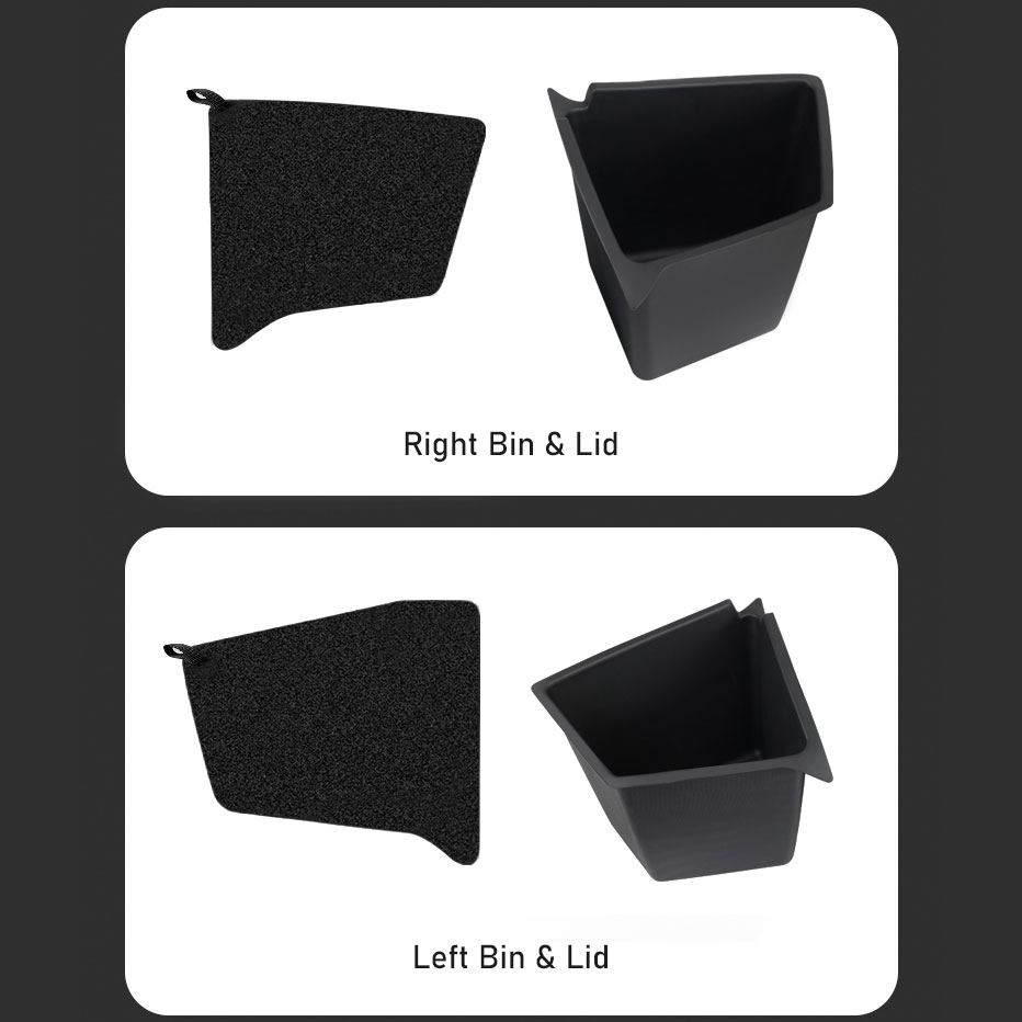 Two-panel image showing black bins with lids; panel 1 labeled 'Right Bin & Lid' shows the right bin with its lid, panel 2 labeled 'Left Bin & Lid' shows the left bin with its lid.