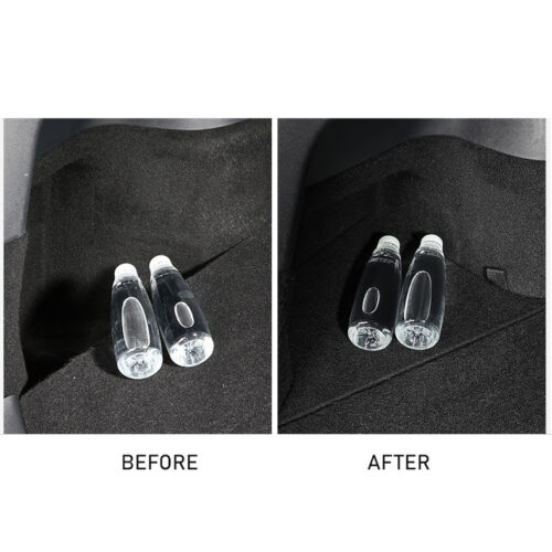 Before and after comparison of a car trunk floor with two water bottles; left shows dusty carpet (BEFORE), right shows cleaner surface (AFTER).