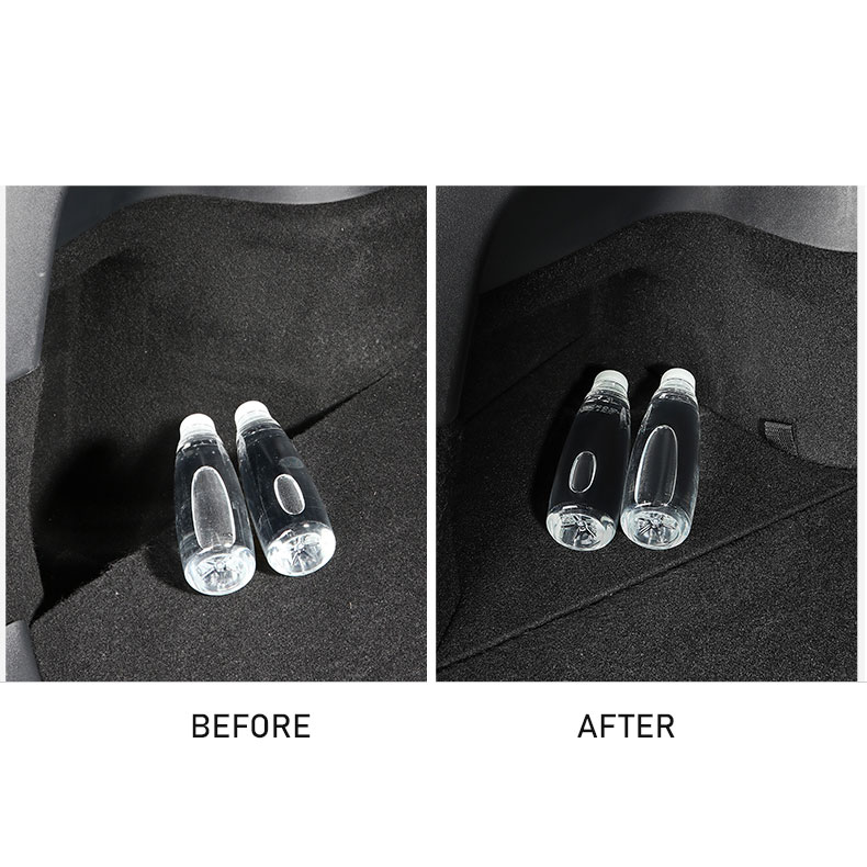 Before and after comparison of a car trunk floor with two water bottles; left shows dusty carpet (BEFORE), right shows cleaner surface (AFTER).