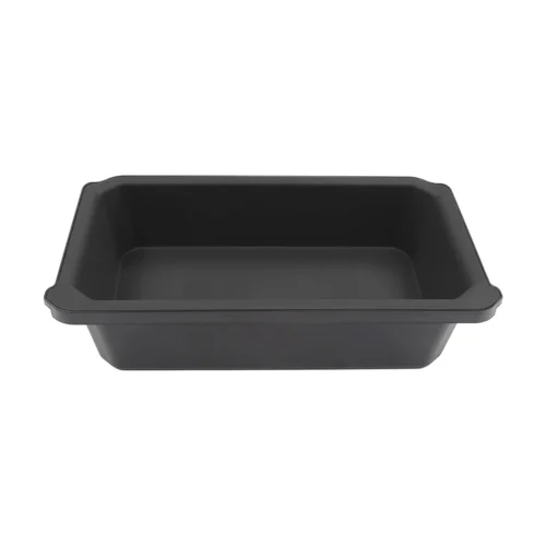 Rectangular black baking dish with a wide lip, viewed from above.
