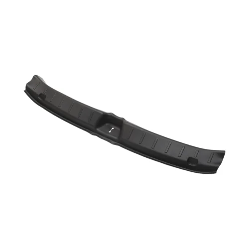 Curved black plastic automotive bumper guard with ribbed surface and central notch area