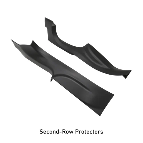 Set of black second-row seat protectors with curved, contoured shapes for car upholstery protection, shown separately.