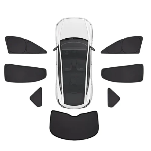 Top-down view of a white car surrounded by a full set of black window shades laid out around it, illustrating a complete sun shade kit.