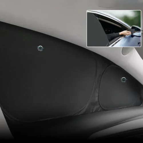 Interior side panel of a car with two small blue circular logos; inset shows a hand operating the window on a silver car.