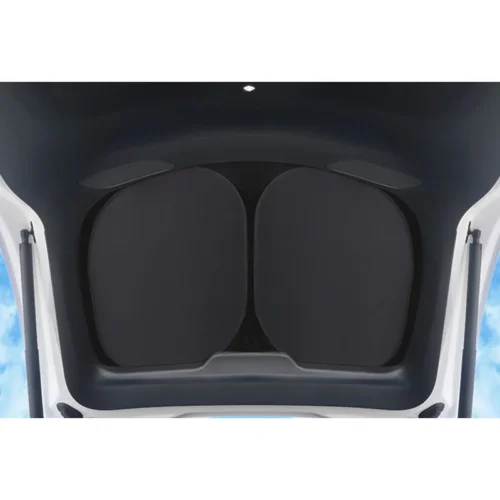 Open car hatch showing the rear seats upright, creating a flat cargo floor in the trunk area.