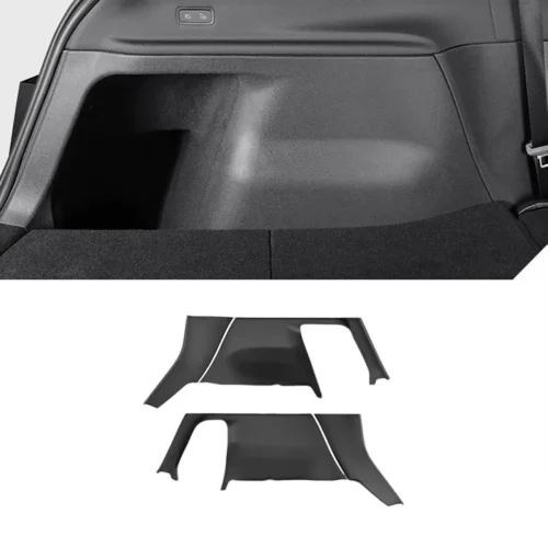 Close-up of a car trunk interior showing a molded side panel; two dark gray replacement trim pieces are displayed below.