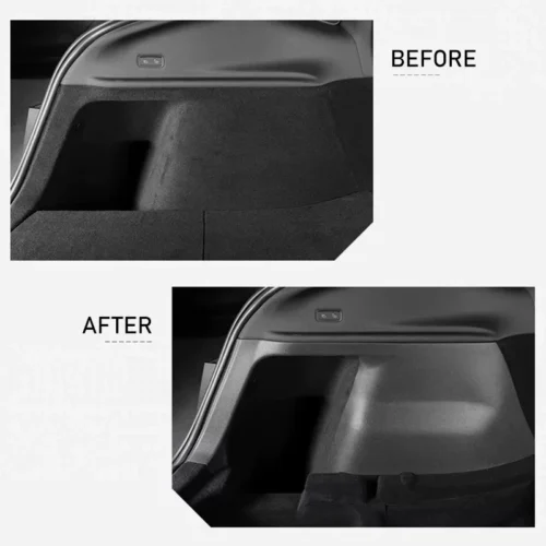 Two-panel before/after of a car trunk interior; the after image shows a smoother, more finished cargo area with refined lining and angles, in black-and-white.
