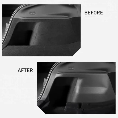 Side-by-side car trunk interior: left shows worn carpet and rough edge; right shows smooth, restored panel.