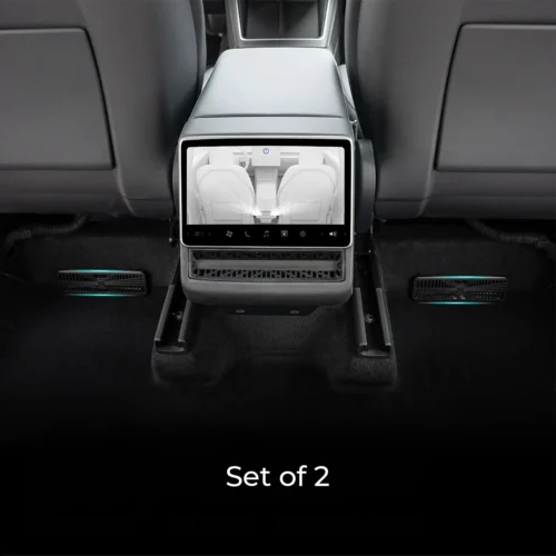 Rear center console in a car with a large touchscreen display showing seat layout and controls for the rear passengers.