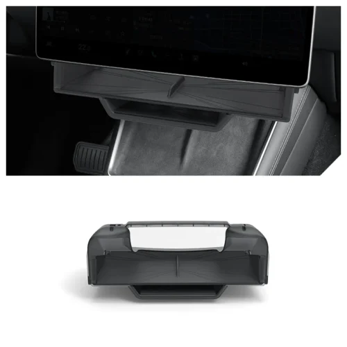 Fold-out center console tray in a car, shown under a mounted tablet for storage.