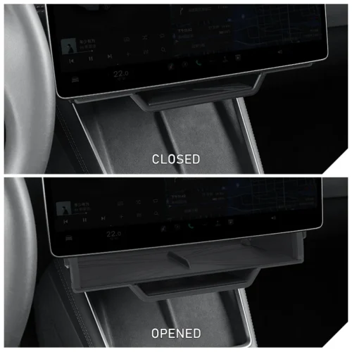 Vehicle center console storage in closed position, with a 'CLOSED' caption visible in the image panel.