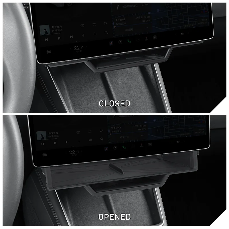Vehicle center console storage in closed position, with a 'CLOSED' caption visible in the image panel.