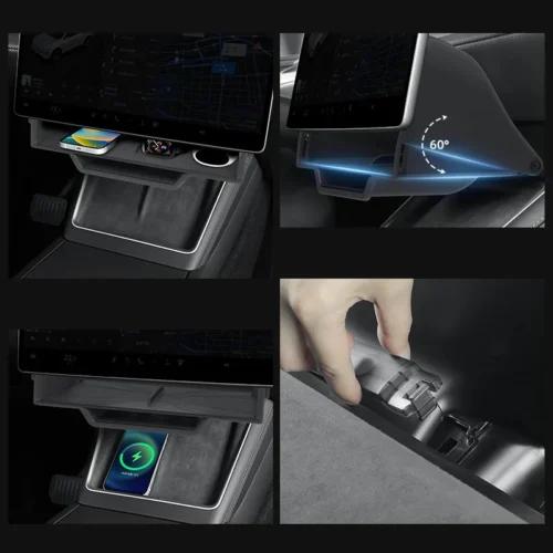 Car interior showing a built‑in wireless charging tray under the center console with a phone charging and a navigation screen above it in view.