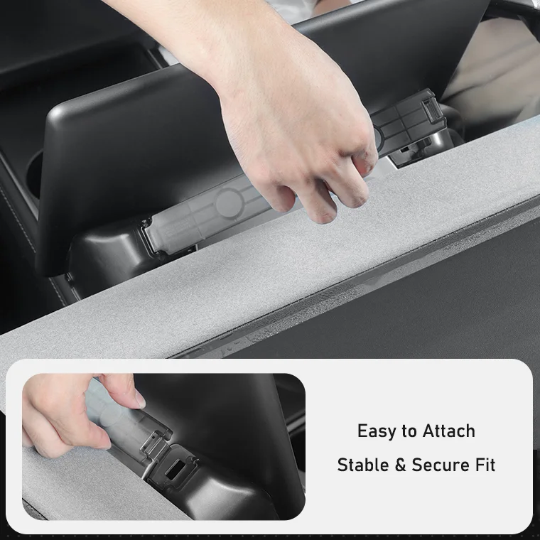 Hand snapping a plastic car cargo cover into place at the rear, with overlay text: 'Easy to Attach, Stable & Secure Fit'