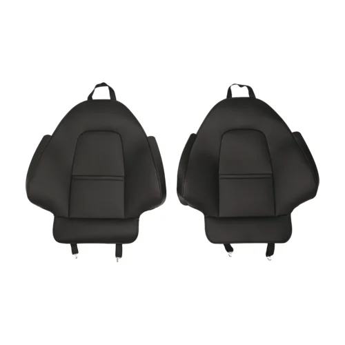Pair of black car seat back cushions with side supports and bottom straps