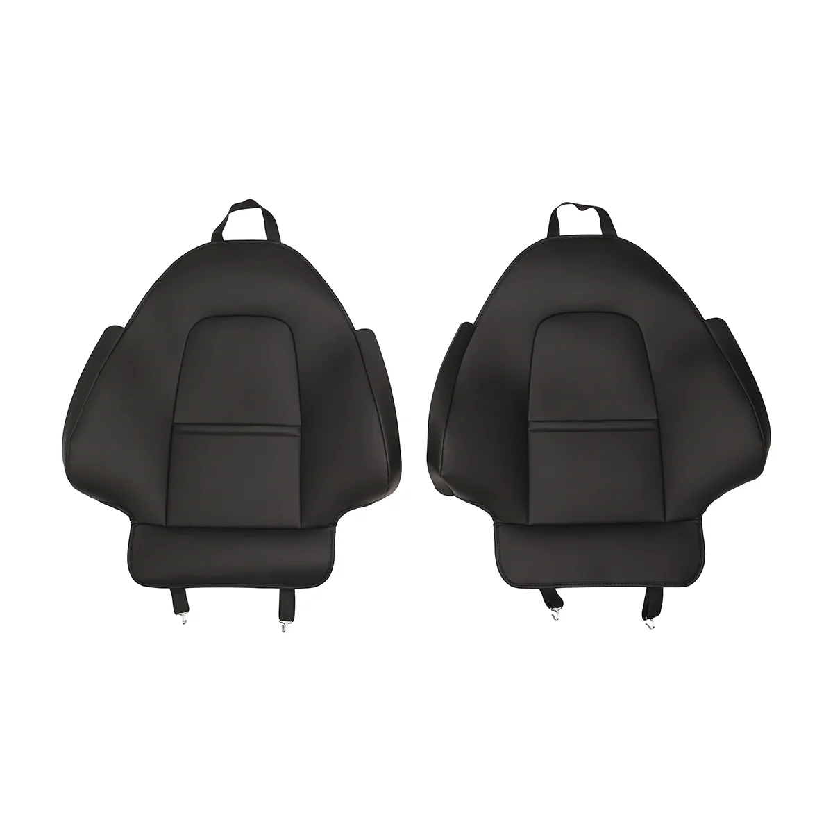 Pair of black car seat back cushions with side supports and bottom straps