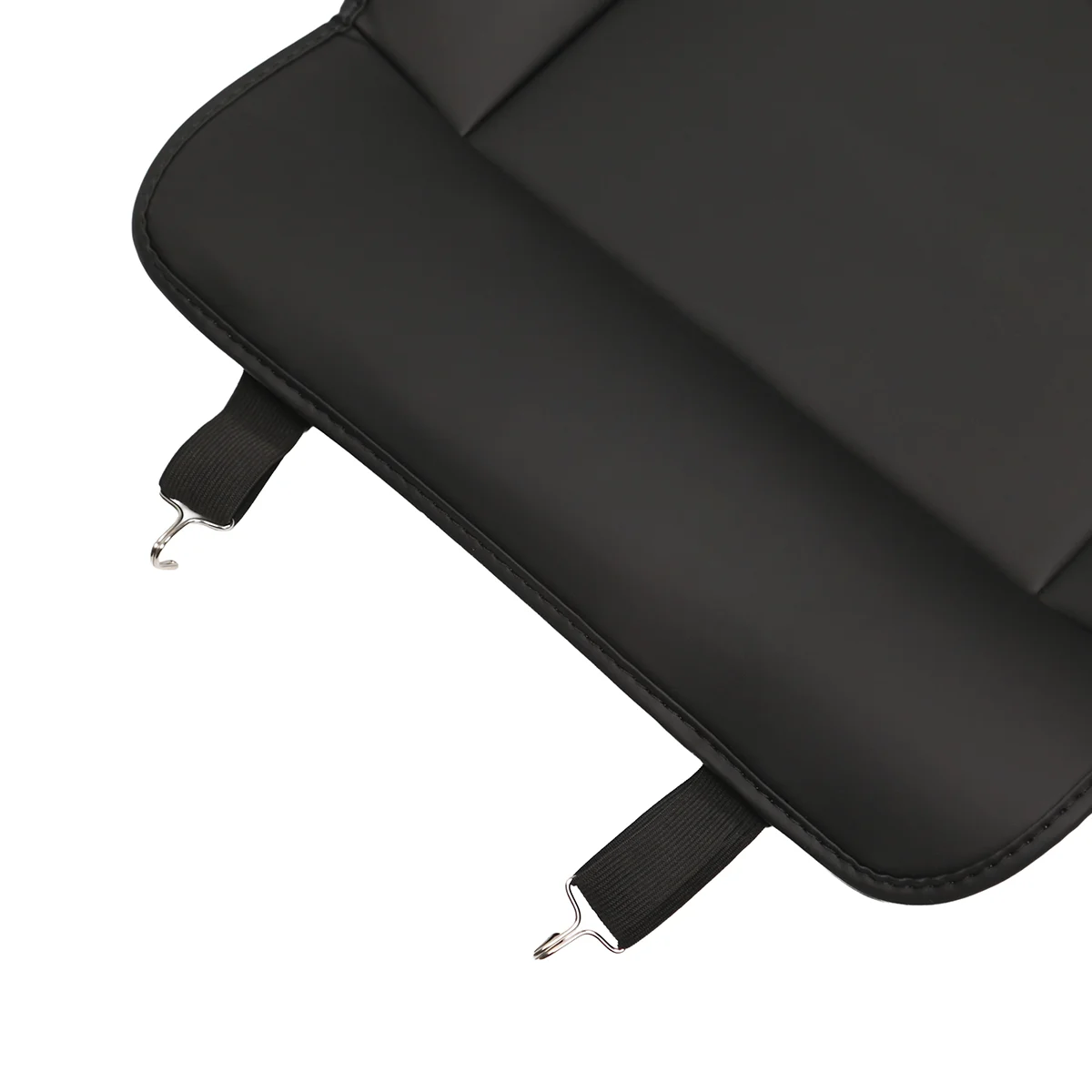Close-up of a black padded bag corner with two metal hook straps attached to fabric loops