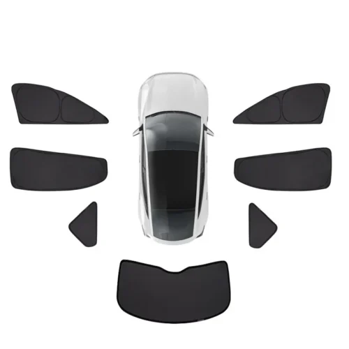 Top-down view of a white car surrounded by black window shade panels laid out for front, rear, and side windows.