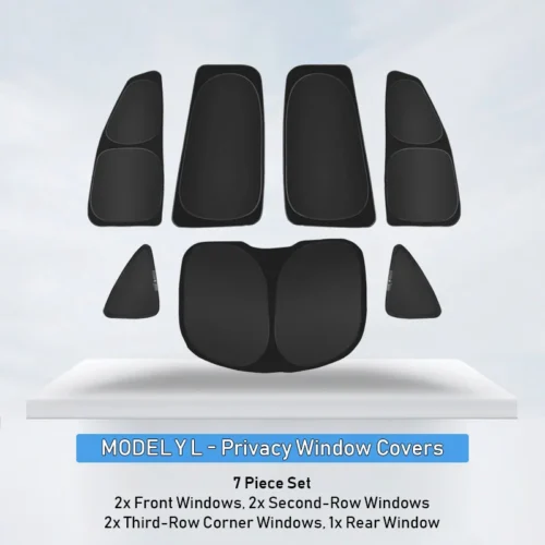 Model Y privacy window cover seven-piece set laid out on a white display, showing front, second-row, third-row corner, and rear covers.