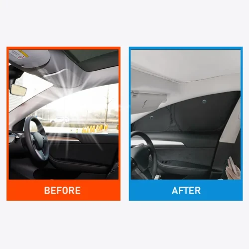 Side-by-side comparison of a car interior labeled BEFORE and AFTER, showing a damaged headliner before repair and a fixed headliner after.