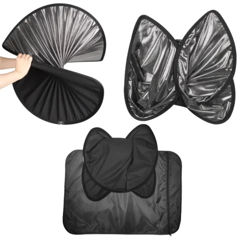 Foldable photography reflector set with black and silver panels and a zipped carrying pouch.