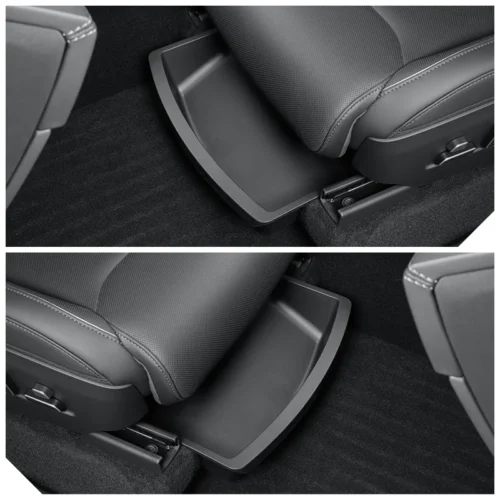 Fold-out storage tray under a car seat in a dark gray interior.