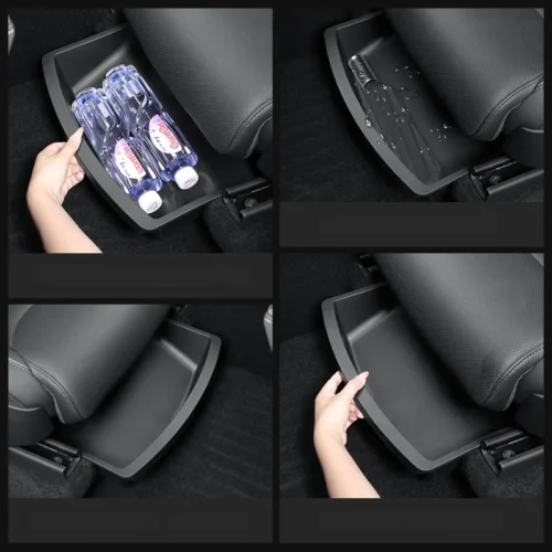 Under-seat storage tray in a car being pulled out; it currently holds water bottles.