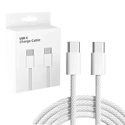 White braided USB-C charging cable with two USB-C connectors shown beside the packaging box.