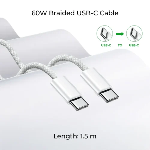 60W braided USB-C to USB-C cable, white, 1.5 m long