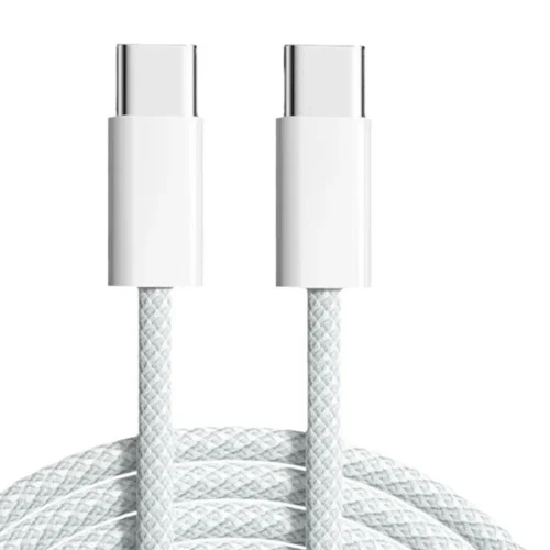 Two white USB-C connectors with a braided white cable end, seen from the top ground-to-air view.