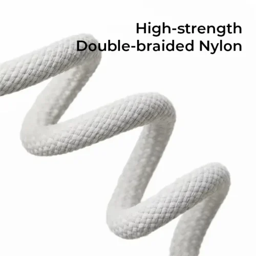 Close-up of a white, double-braided nylon rope emphasizing its strength