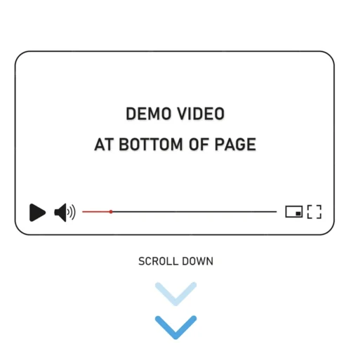 Demo video placeholder with play button, progress bar, and a 'Scroll Down' instruction with blue arrows below.