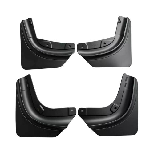 Set of four black car mud flaps (two front, two rear) shown side by side for installation