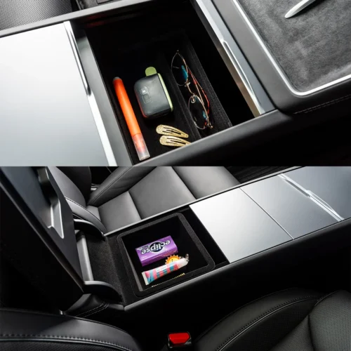 Open car center console: sunglasses, key fob, hair clips, and an orange lip balm inside a black tray.