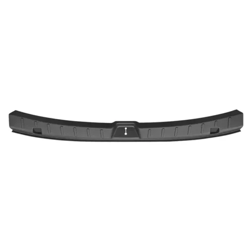 Curved black car bumper reinforcement trim with a central raised section and mounting slots on both ends (rear bumper guard).