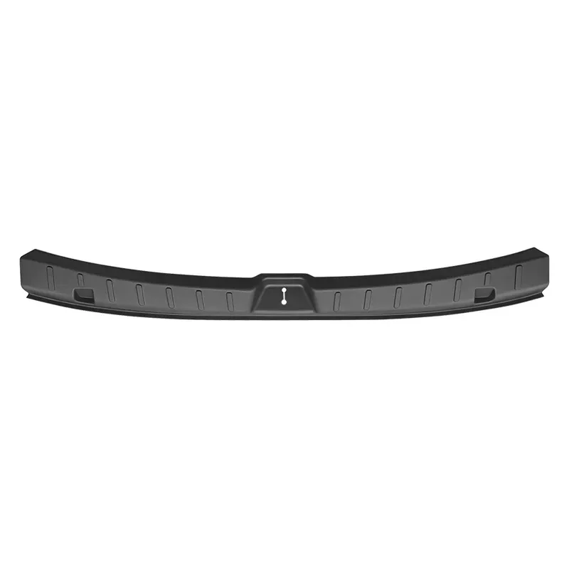 Curved black car bumper reinforcement trim with a central raised section and mounting slots on both ends (rear bumper guard).