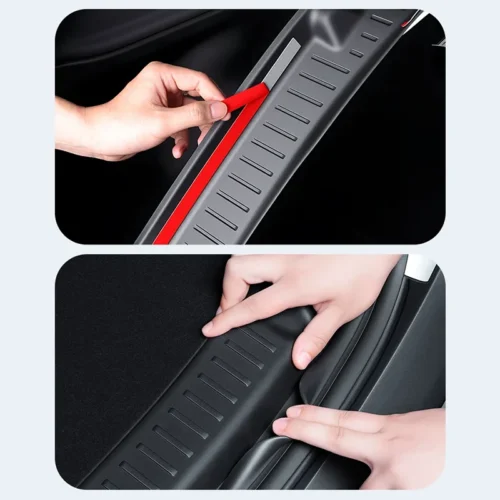 Two-panel close-up of installing a car door sill protector: top shows lifting a red strip along a textured gray sill; bottom shows hands pressing it into place along the door frame.