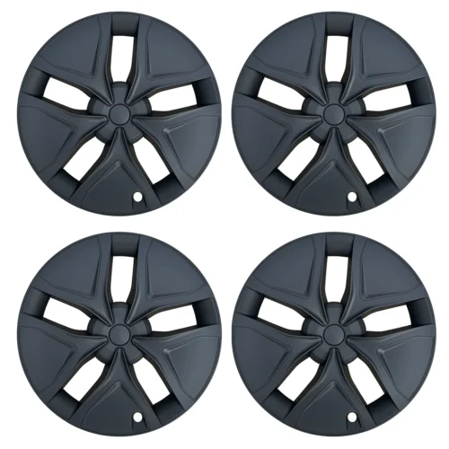 Set of four identical dark gray car wheel hubcaps with a five-spoke, angular pattern, arranged in a 2x2 grid.