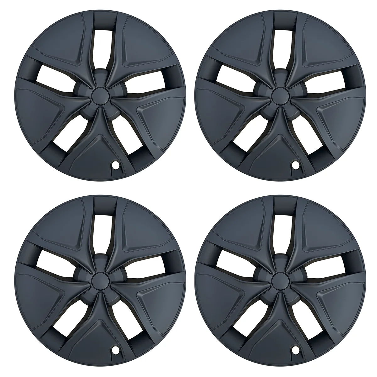 Set of four identical dark gray car wheel hubcaps with a five-spoke, angular pattern, arranged in a 2x2 grid.