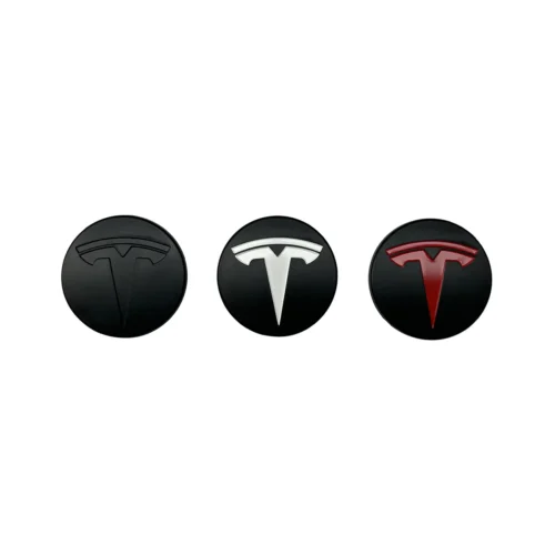 Three circular Tesla logos on black discs: dark gray left, white center, red right