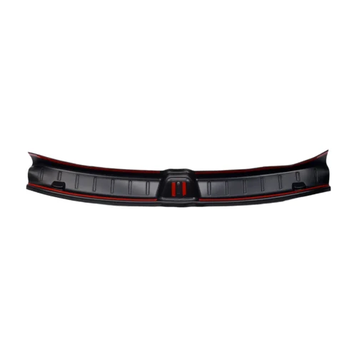 Long black plastic car bumper lip with red trim, laid out horizontally on a white background.
