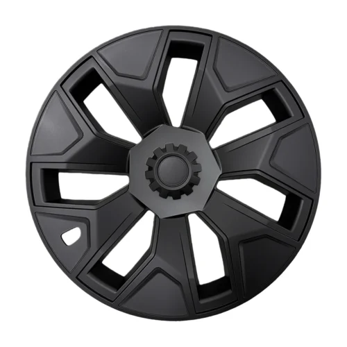 Black round car wheel rim with angular spokes and a gear-shaped center hub