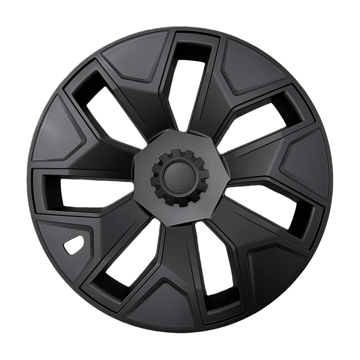 Black round car wheel rim with angular spokes and a gear-shaped center hub