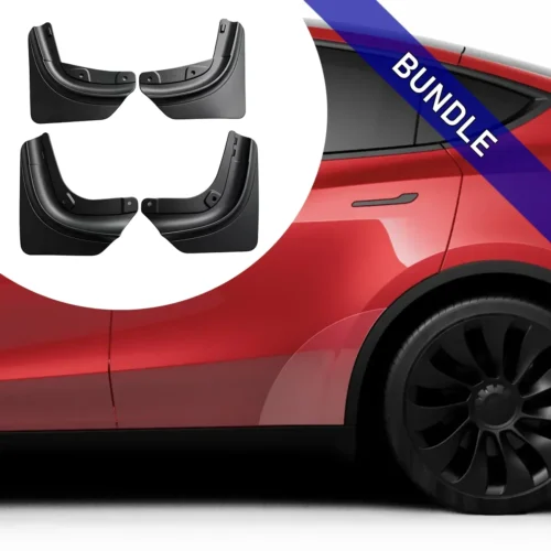 Four black car mud flaps displayed inside a white circle over a red car, with a blue 'BUNDLE' banner indicating a bundle of parts.