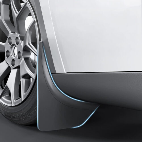 Close-up of a car wheel and side panel with a blue-lit trim along the door seam and bottom edge.